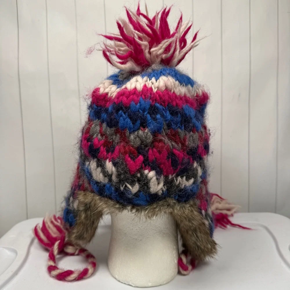 Y2K American Eagle Wool/Alpaca Knit Trapper Hat Faux Fur Trim Ski‎ Snow Winter